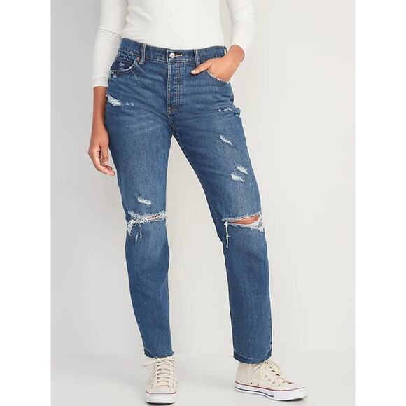 [Old Navy] High Rise Slouchy Straight Distressed Ripped Jeans Button Fly Size 12 - Picture 1 of 12